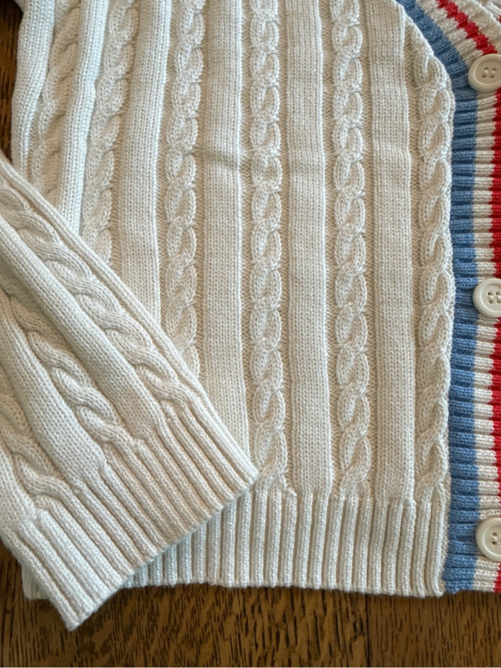 Prince Cream Cable Knit Cardigan with Red & Blue Stripe Trim - Picture 4 of 13